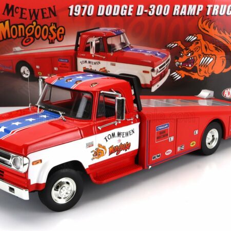 ACME-MODELS 1/18 DODGE | D-300 TRUCK RAMP CAR TRANSPORTER MONGOOSE RACING 1970 | RED WHITE