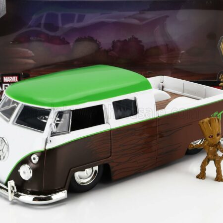 JADA 1/24 VOLKSWAGEN | T1 DOUBLE CABINE PICK-UP 1963 WITH GROOT FIGURE - GUARDIANS OF THE GALAXY | BROWN WHITE GREEN