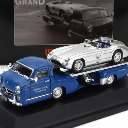 BREKINA PLAST 1/87 MERCEDES BENZ | SET 2X TRUCK RACING CAR TRANSPORTER RENNTRANSPORTER WITH 300 SLR SPIDER 1955 | BLUE SILVER