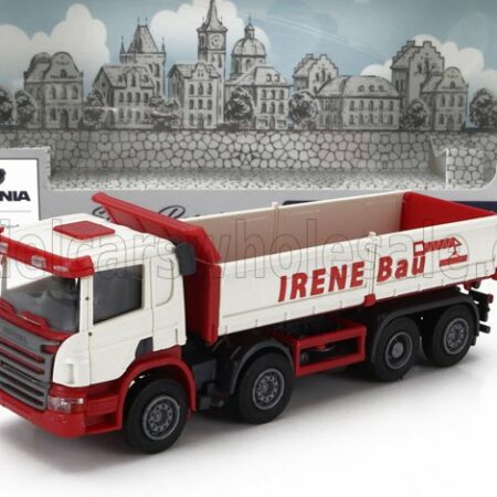 BREKINA PLAST 1/87 SCANIA | P124.860 8x2 TRUCK CASSONE RIBALTABILABILE IRENE BAU TRANSPORTS 4-ASSI 1998 | WHITE RED