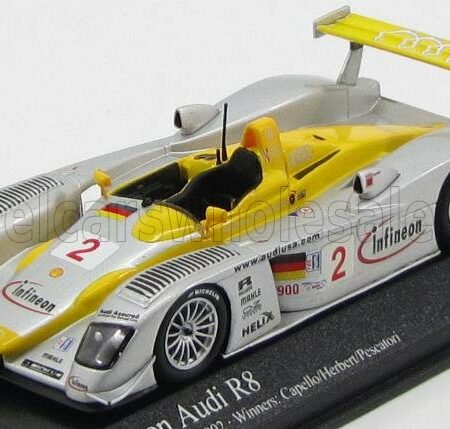 MINICHAMPS 1/43 AUDI | R8 TEAM INFINEON N 2 WINNER 12h SEBRING 2002 CAPELLO - HERBERT - PESCATORI | SILVER YELLOW