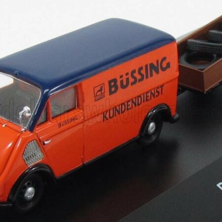 SCHUCO 1/43 DKW | F89L VAN BUSSING KUNDENDIEST WITH TRAILER AND TYRES 1954 | ORANGE BLUE BROWN